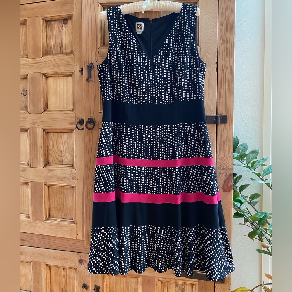 Anne Klein Black and White Polka Dot Dress with fuchsia - Size 12